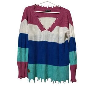 Simply Southerns Sweater Women’s Medium Distressed Striped Pink White Blue